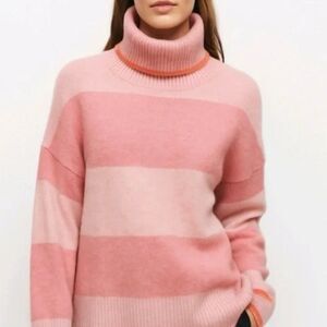 J Crew small merino wool alpaca Striped Pink Turtleneck Sweater